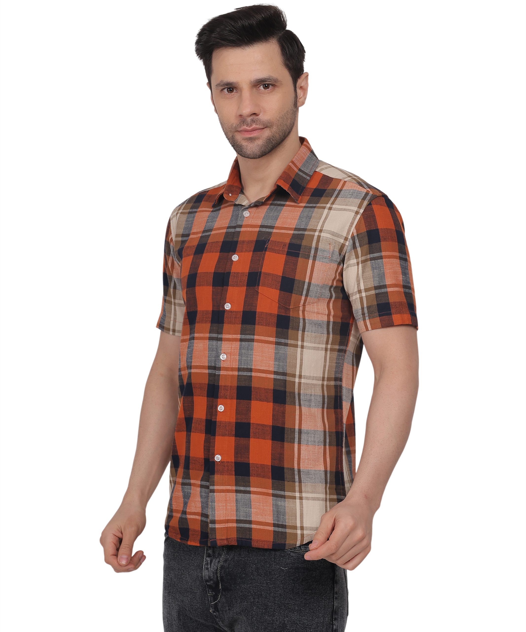 Orange checked half sleeve Shirt