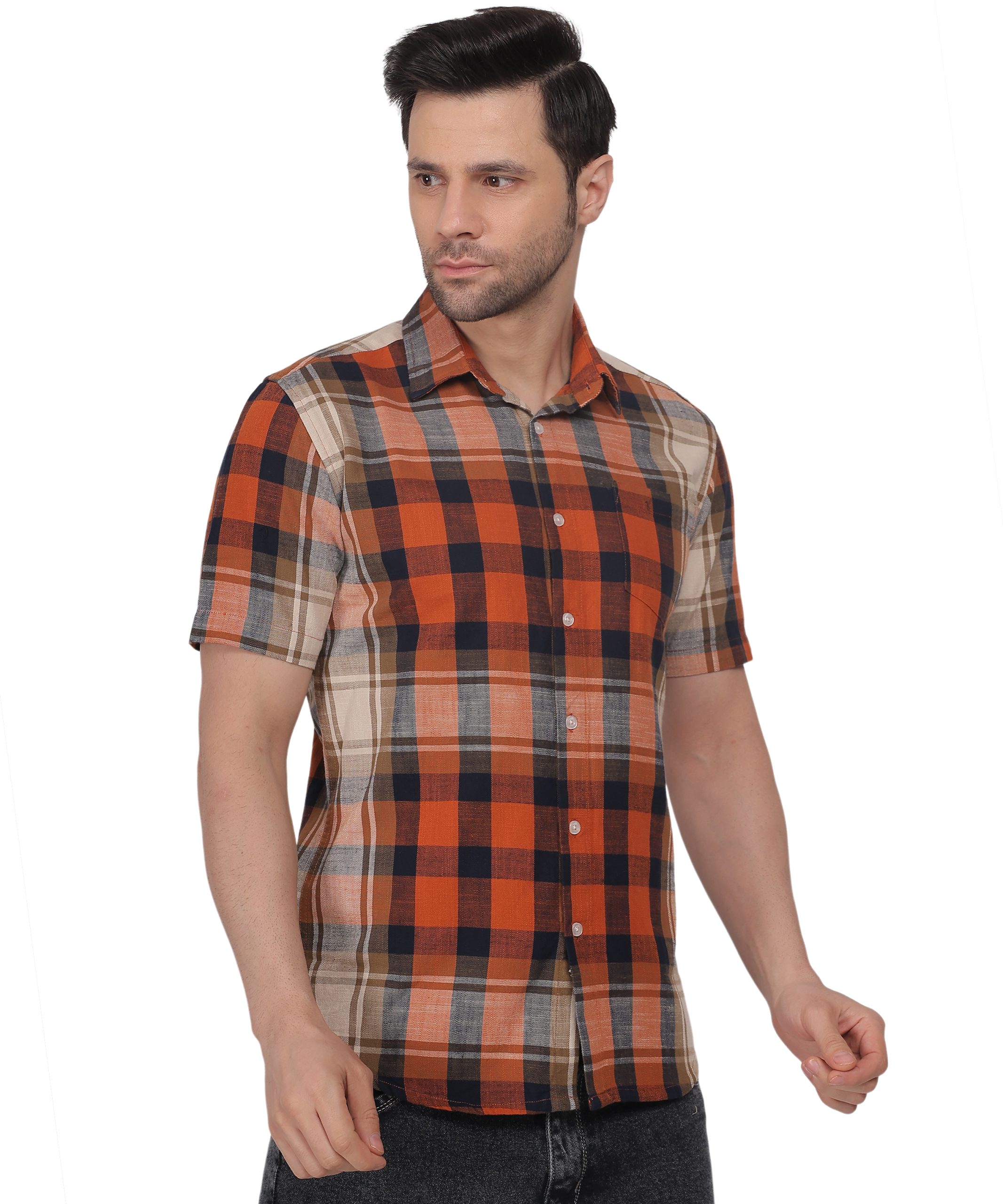 Orange checked half sleeve Shirt - Image 4